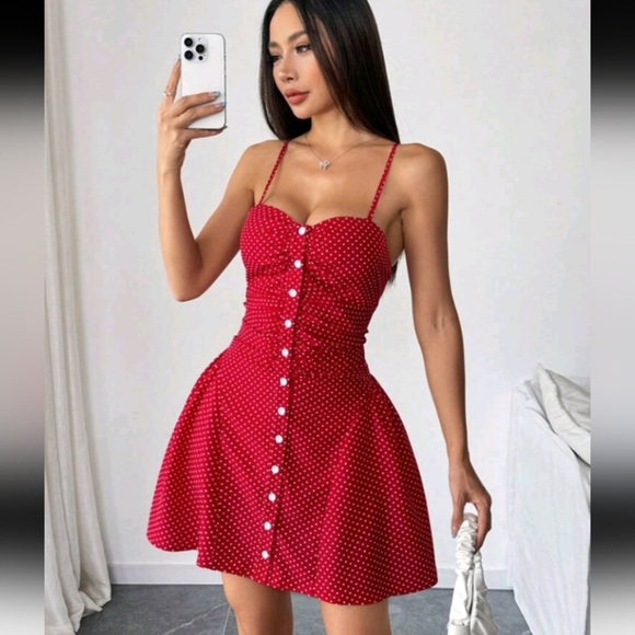 Women's Spring/Summer Black Polka Dot Print Single Row Decorative Button - Picture 3 of 4